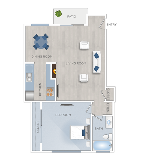 Floor plan for 1 bed, 1 bath, 690 sqft